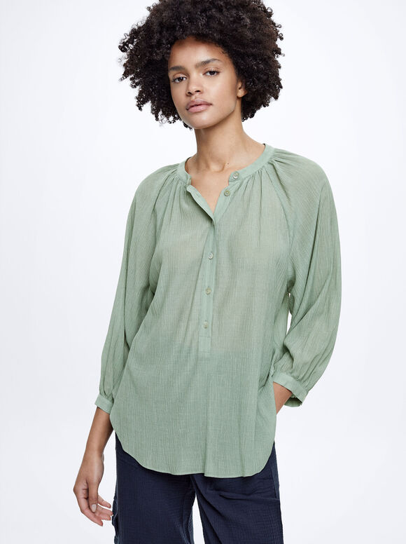 Camisa estruturada com mangas bufantes - Verde
