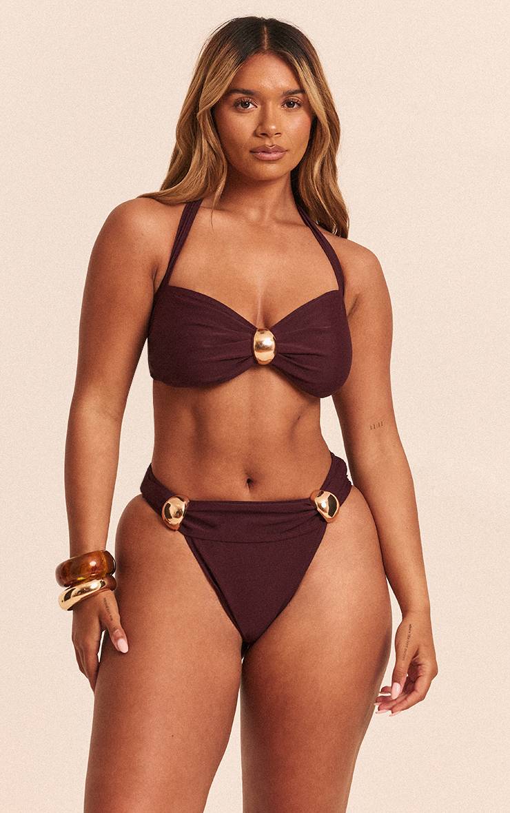 Prune Haut De Bikini Échancré Avec Tour De Cou Et Finitions Dorées