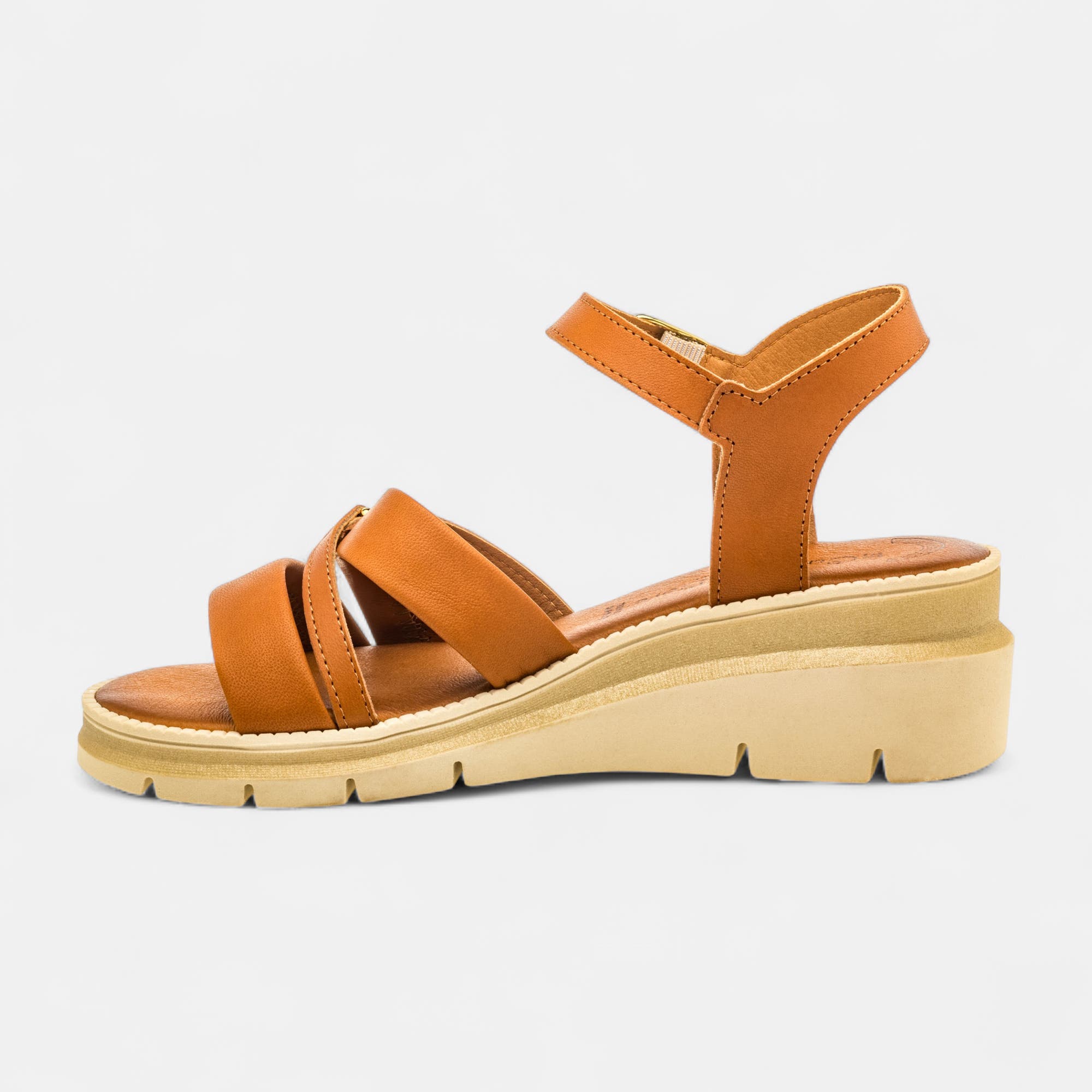 Nu-pieds à talon compensé Femme en cuir cognac