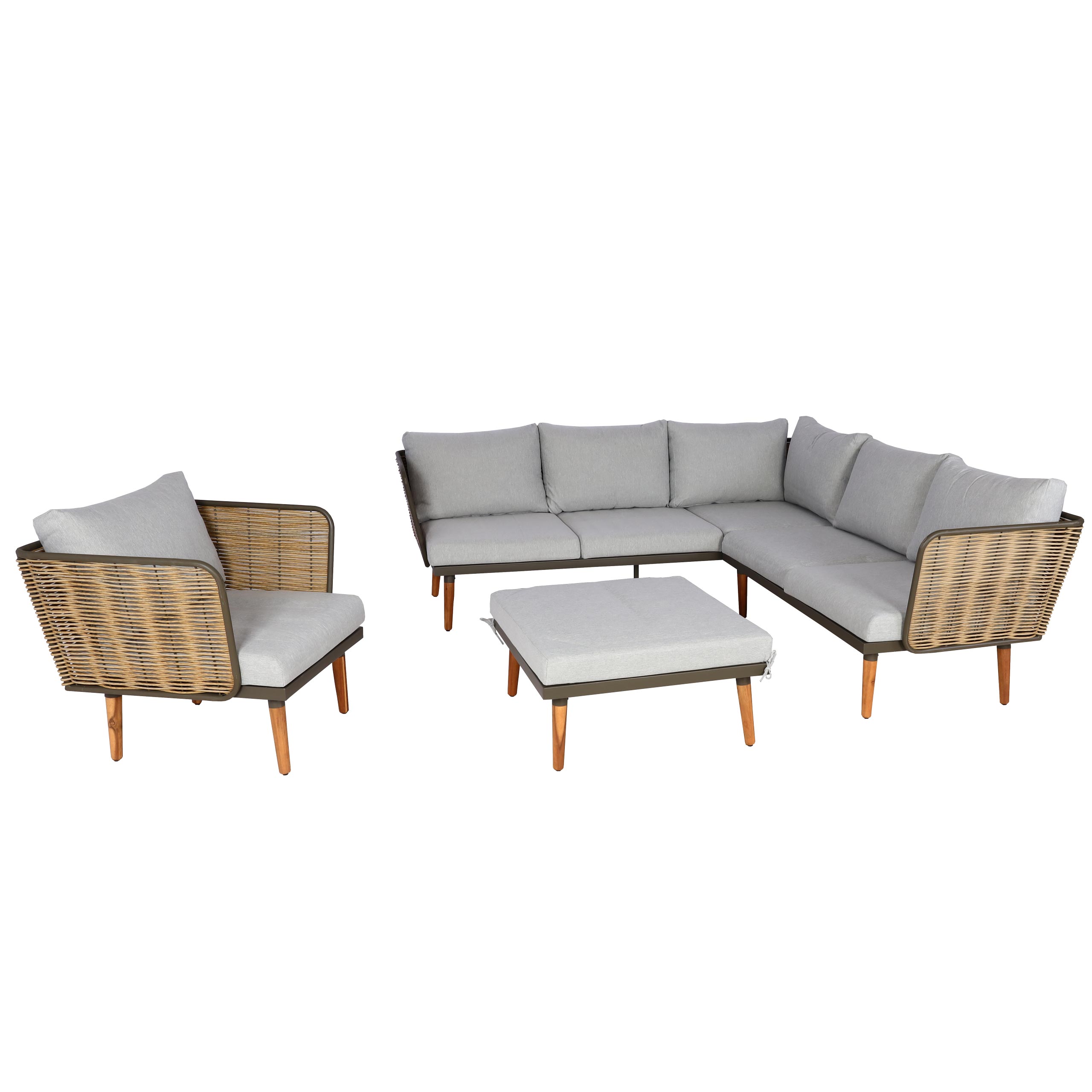 Gartengarnitur MCW-L31, Garnitur Lounge-Set Sofa Outdoor, Spun Poly Metall Poly-Rattan MVG-zertifiziert ~ hellgrau