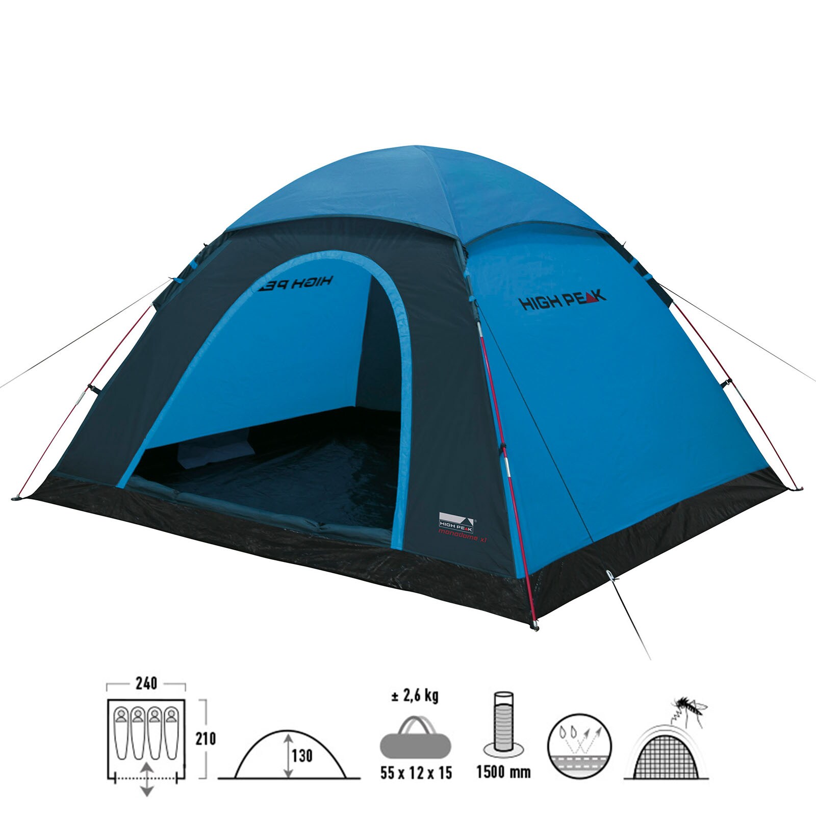 HIGH PEAK Kuppelzelt Monodome XL 4 Personen Camping Bike Zelt Familienzelt Groß Farbe: schwarz