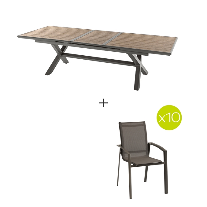 Ensemble table de jardin extensible AXIOME Effet bois honey + 10 fauteuils AXANT Praline