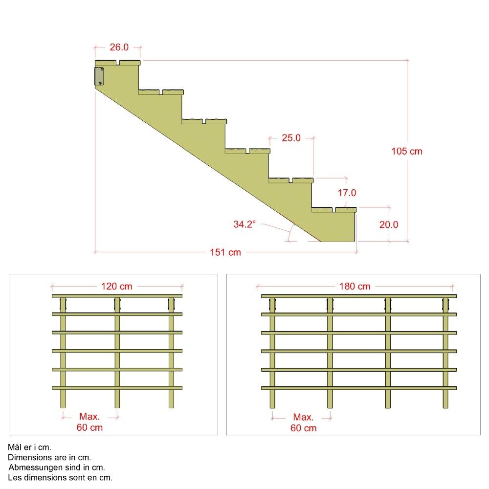 TERRASSETRAPP PLUS 6-STEG 34,2° TRYKIMPREGNERT 151X105X180CM