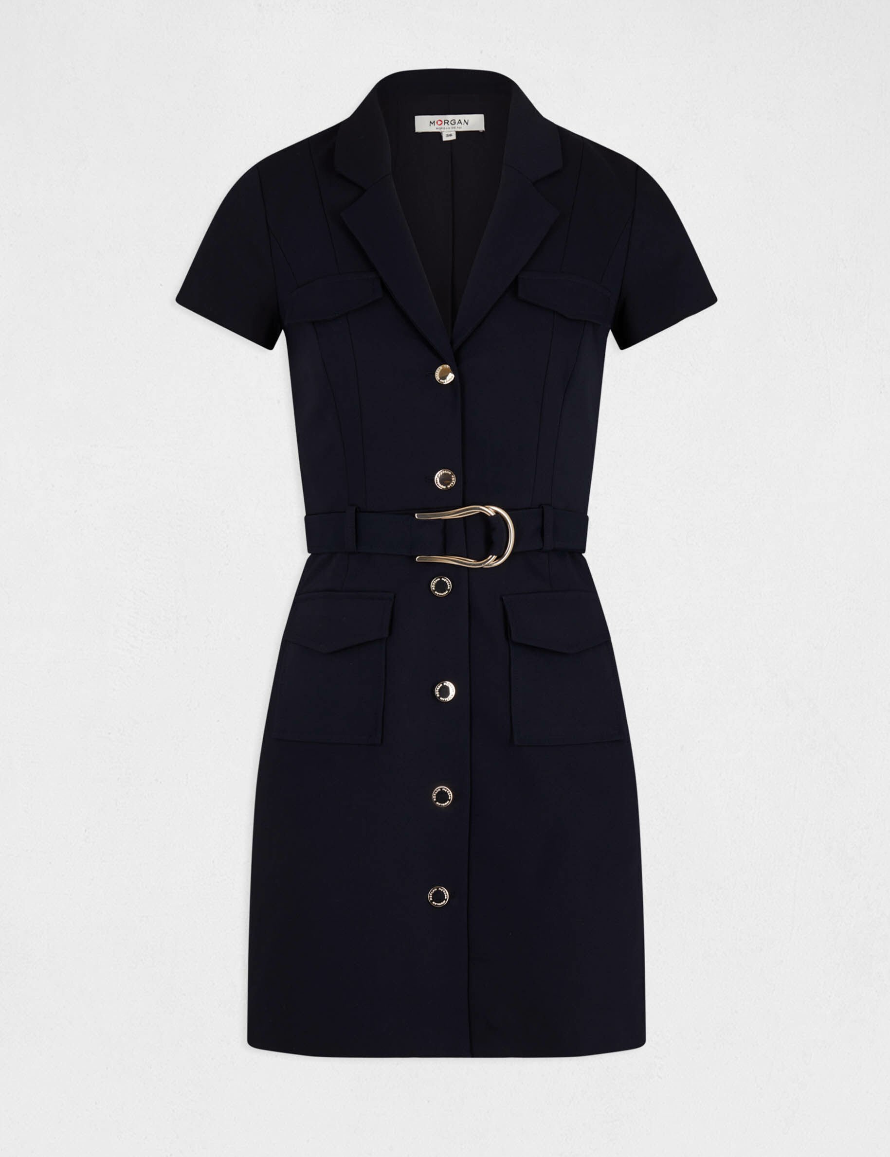 Robe droite boutonnée ceinturée marine femme - marine