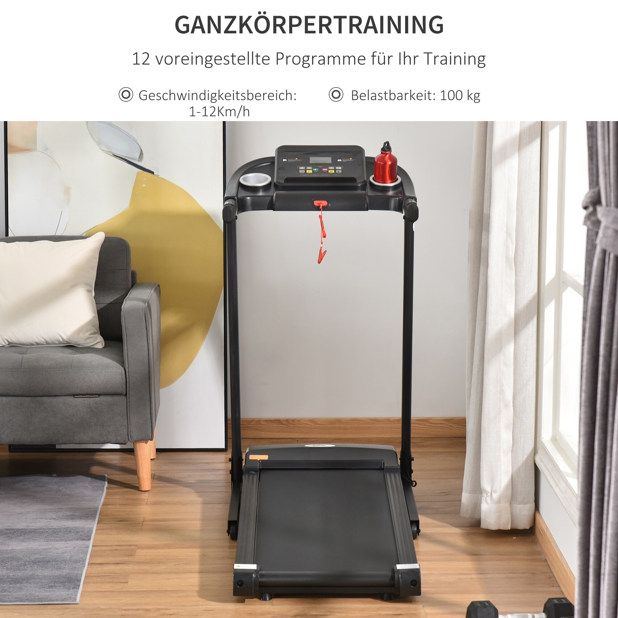 HOMCOM Laufband Training für Zuhause, Tassenhalterungen und Handyhalter schwarz, Grau 134 x 60 x 118 cm (BxLxH)