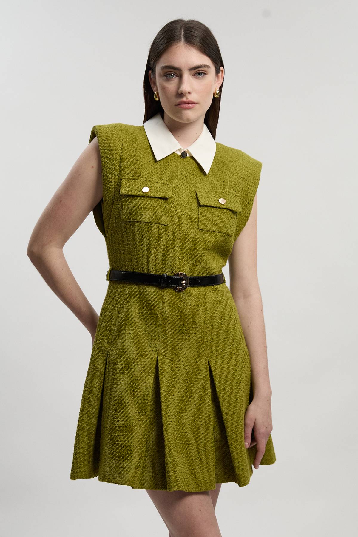 KarenMillen Robe Mini Ajustée Plissée en Tweed Texturé à Col Contrastant