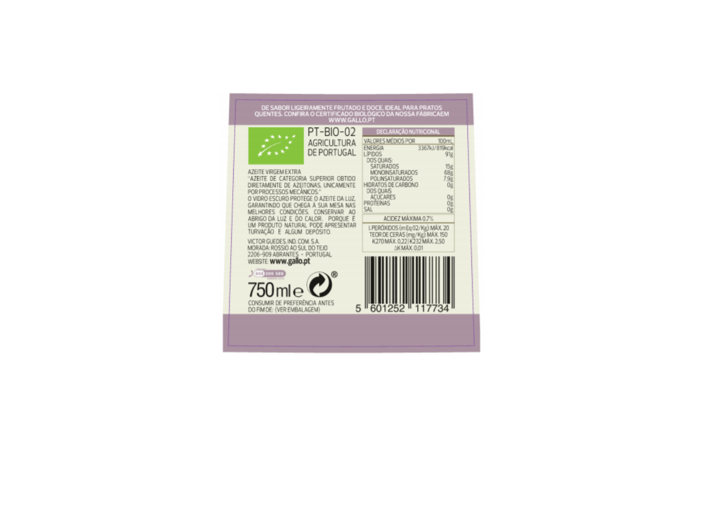 AZEITE GALLO EXTRA VIRGEM BIO SUAVE 750ML