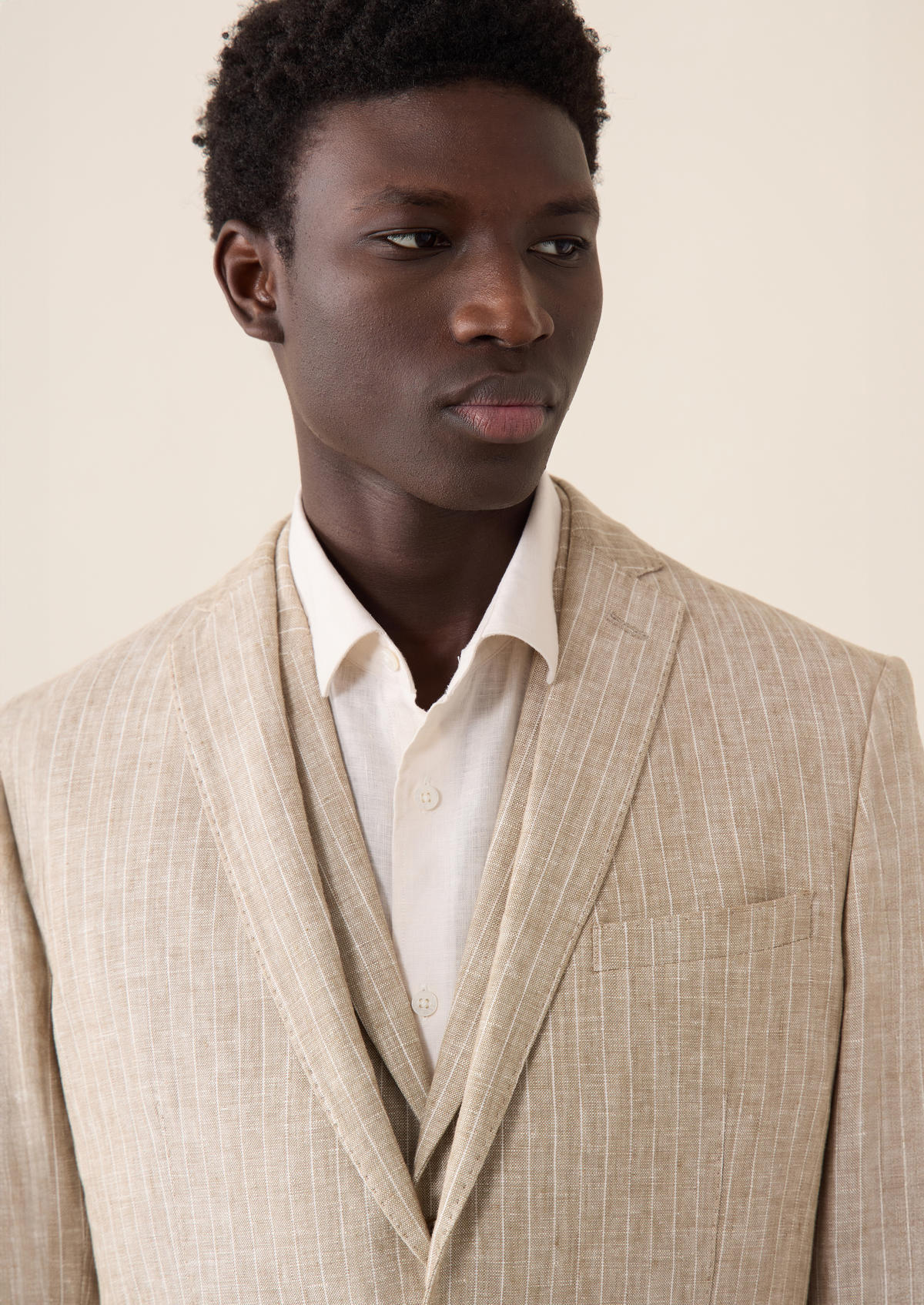 Veste coordonnable Regular en lin beige à rayures blanches