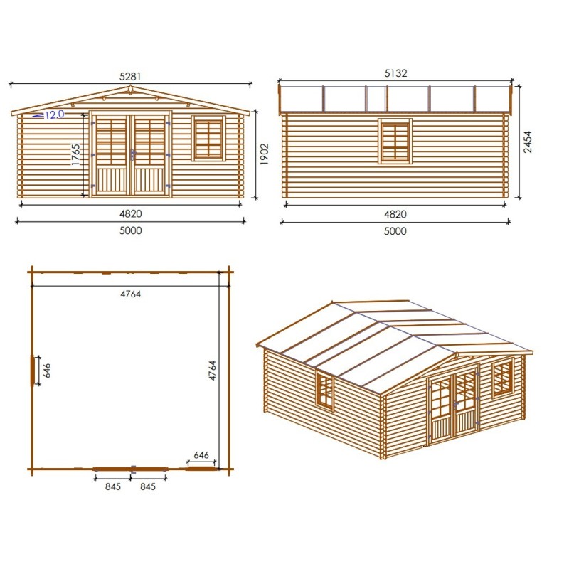 Abri de jardin en bois - 5x5 m - 35 m2 + terrasse avec balustrade et avant-toit en bois - traité