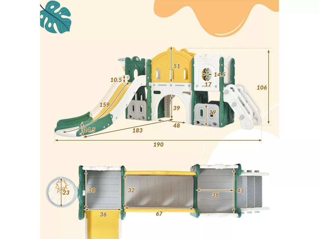 Toboggan en forme de château avec escalade, tunnel, espace de rangement et panier de basket - vert