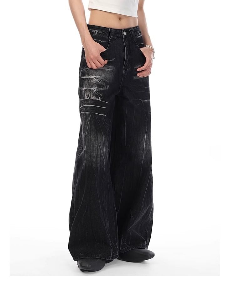 rinkoplan - Low Waist Washed Wide Leg Jeans