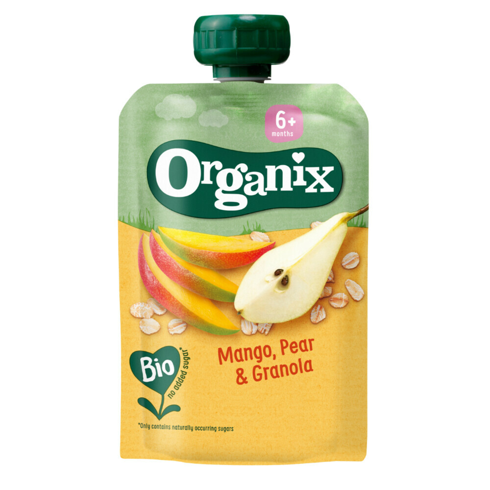 Organix Knijpfruit Maandbox 6+ mnd - Appel Aardbei & Blauwe Bes 12 x 100 gr + Peer & Framboos 12 x 100 gr + Mango Peer & Granola 6 x 100 gr Pakket