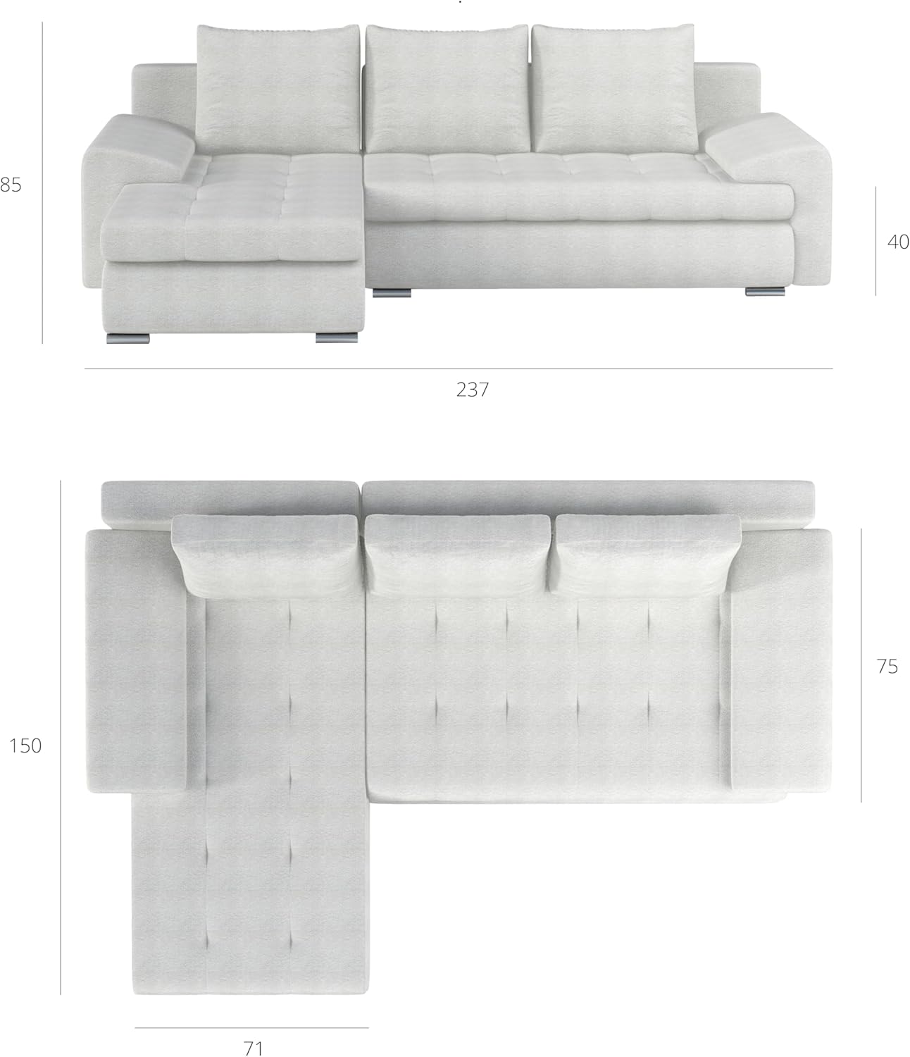 Kaiser Möbel - Ecksofa mit Schlaffunktion und Bettkasten, Eckcouch L Form Schlafsofa, Sofa 3-sitzer, Metallfüße, Wohnlandschaft, Bequemes Couch mit Ottomane für Wohnzimmer, TOMI, Grau, Links