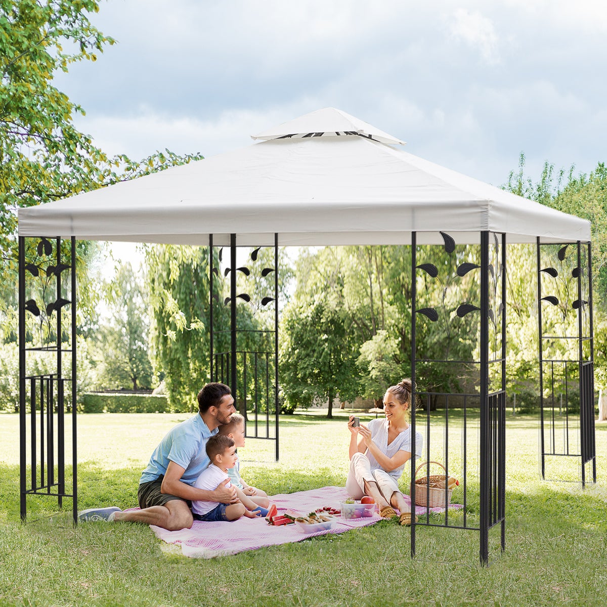 Outsunny tuinpaviljoen met bladmotief, 295L x 295B x 270H cm, polyester, crèmewit