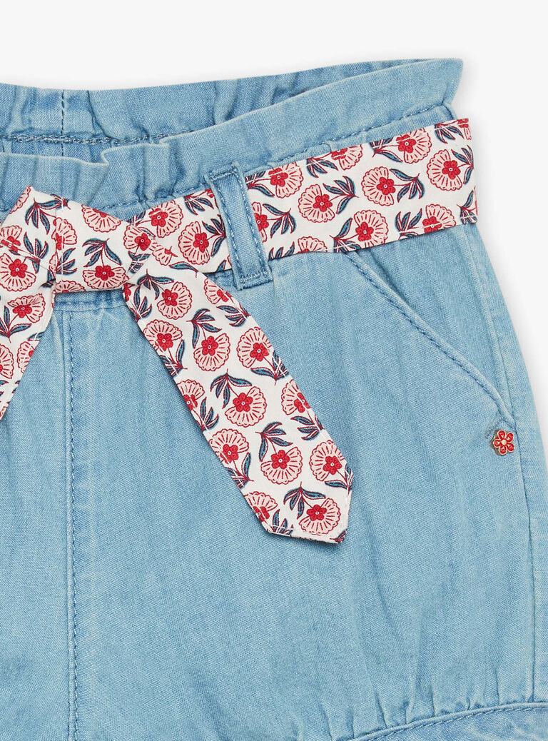 Short denim avec ceinture en popeline