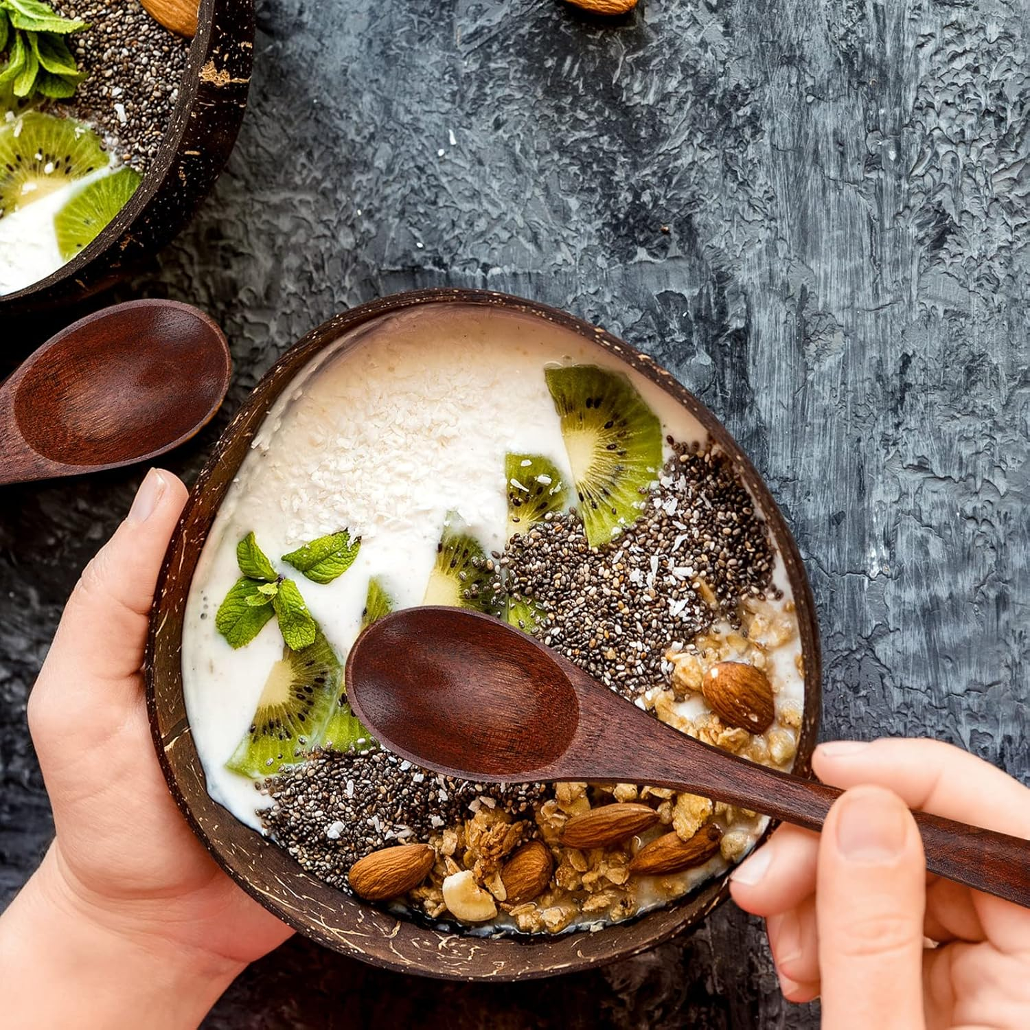 (2er Set) Ø14cm Kokosnuss Schalen Kokosholz Schälchen mit Löffel für Dessert / Bowl / Eiscréme - Braun