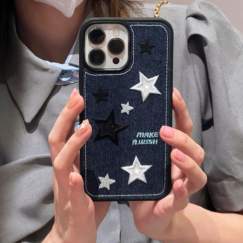 Edgin - Ster geborduurd denim telefoonhoesje - iPhone 16 Pro Max / 16 Pro / 16 Plus / 16 / 15 Pro Max / 15 Pro / 15 Plus / 15 / 14 Pro Max / 14 Pro / 14 Plus / 14 / 13 Pro Max / 13 Pro / 13 / 13 Mini