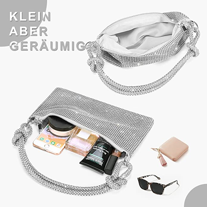 (32x16cm) Glitzer Handtasche Silvester Fashion Accessoire Party Clutch mit Strasssteinen - Silber