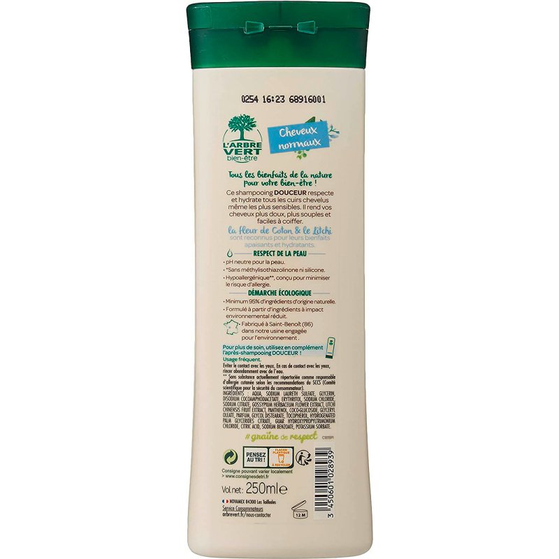 Shampooing l'Arbre Vert douceur Litchi et Fleur de coton 250 ml