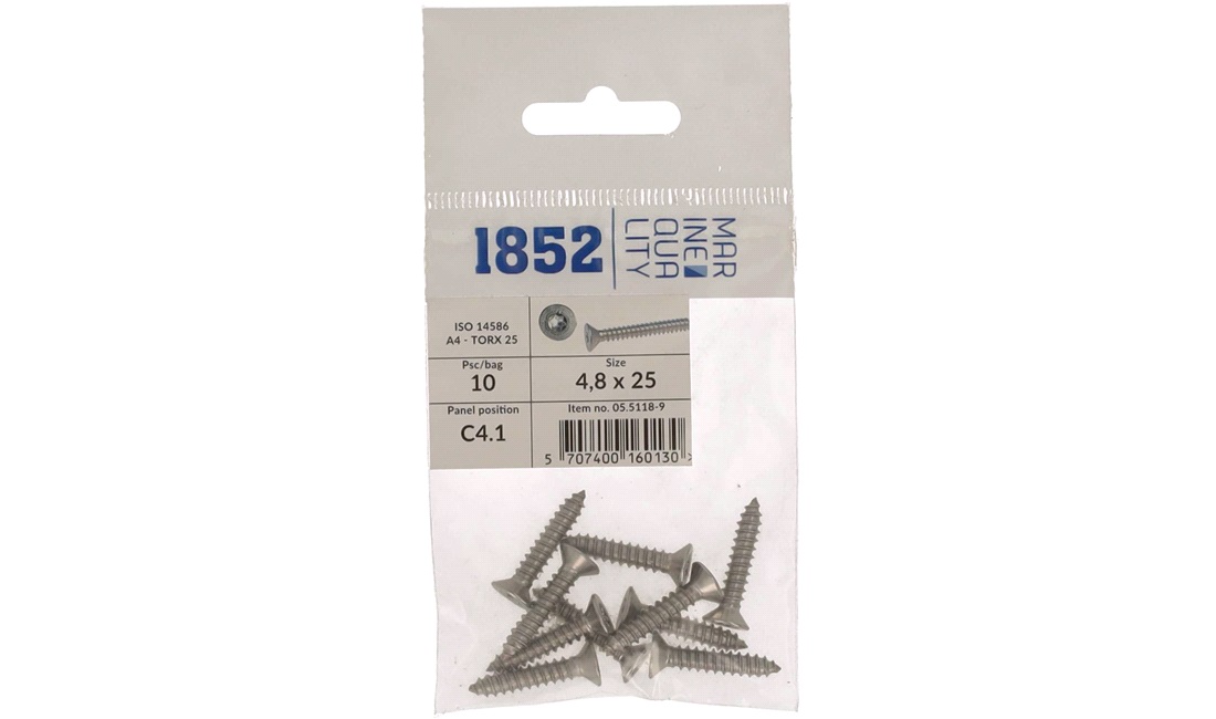 Skrue undersænk 4,8x25 a4 torx 10 stk iso 9478-4