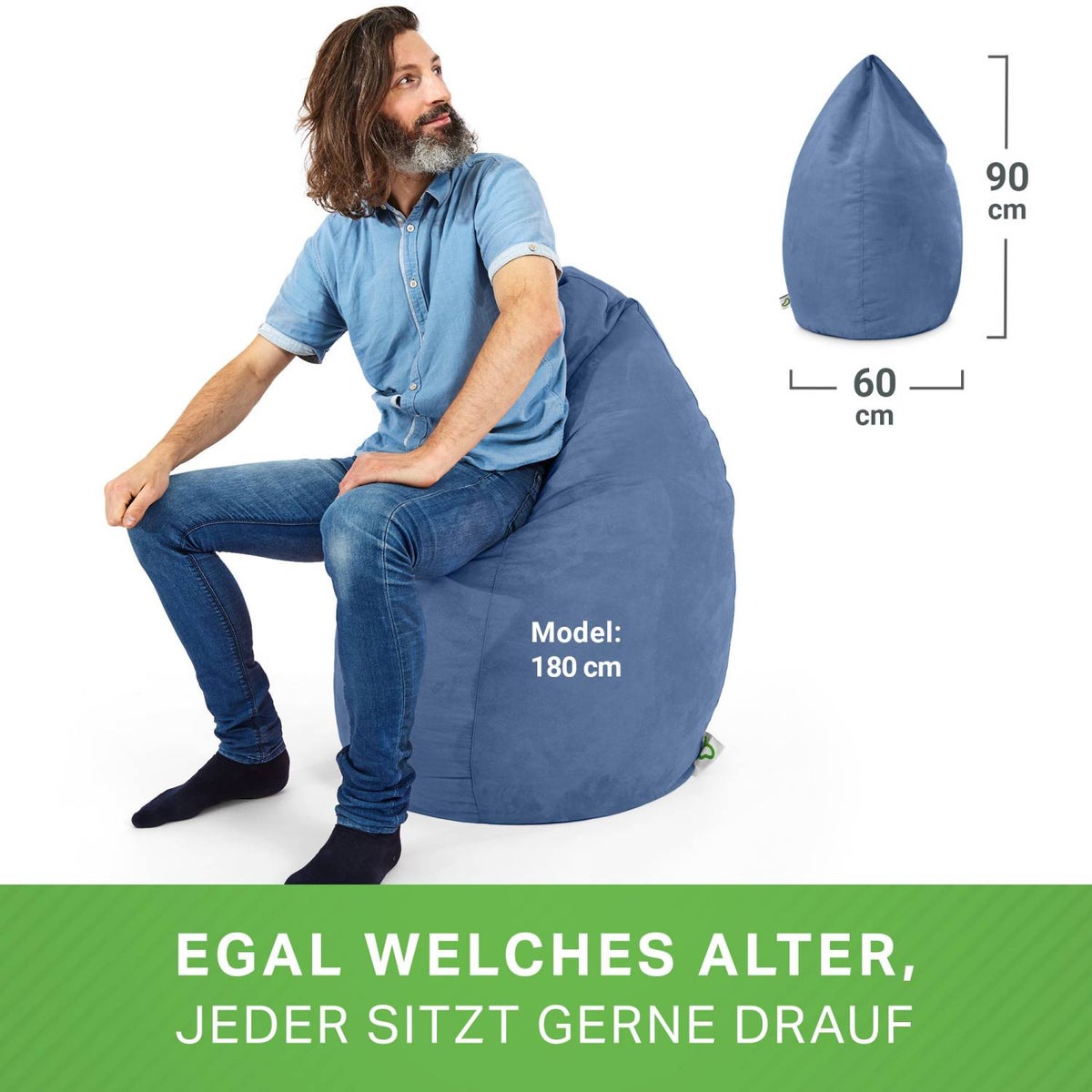Green Bean Zitzak met rugleuning 60x60x90cm - Binnenzitkussen 220L vulling, comfortabel, wasbaar - Zitzak vloerkussen, loungestoel, voetenbank - lichtblauw
