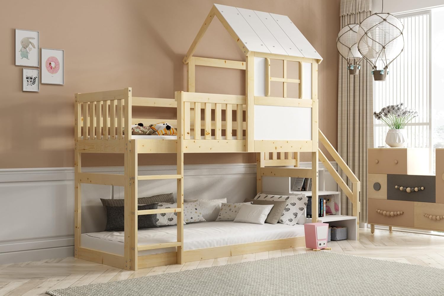 Interbeds Hochbett 200x90 cm mit Rutsche und Treppen Etagenbett Stockbett Holzbett Kinderbett mit Lattenrost Spielbett (Mit Treppen)
