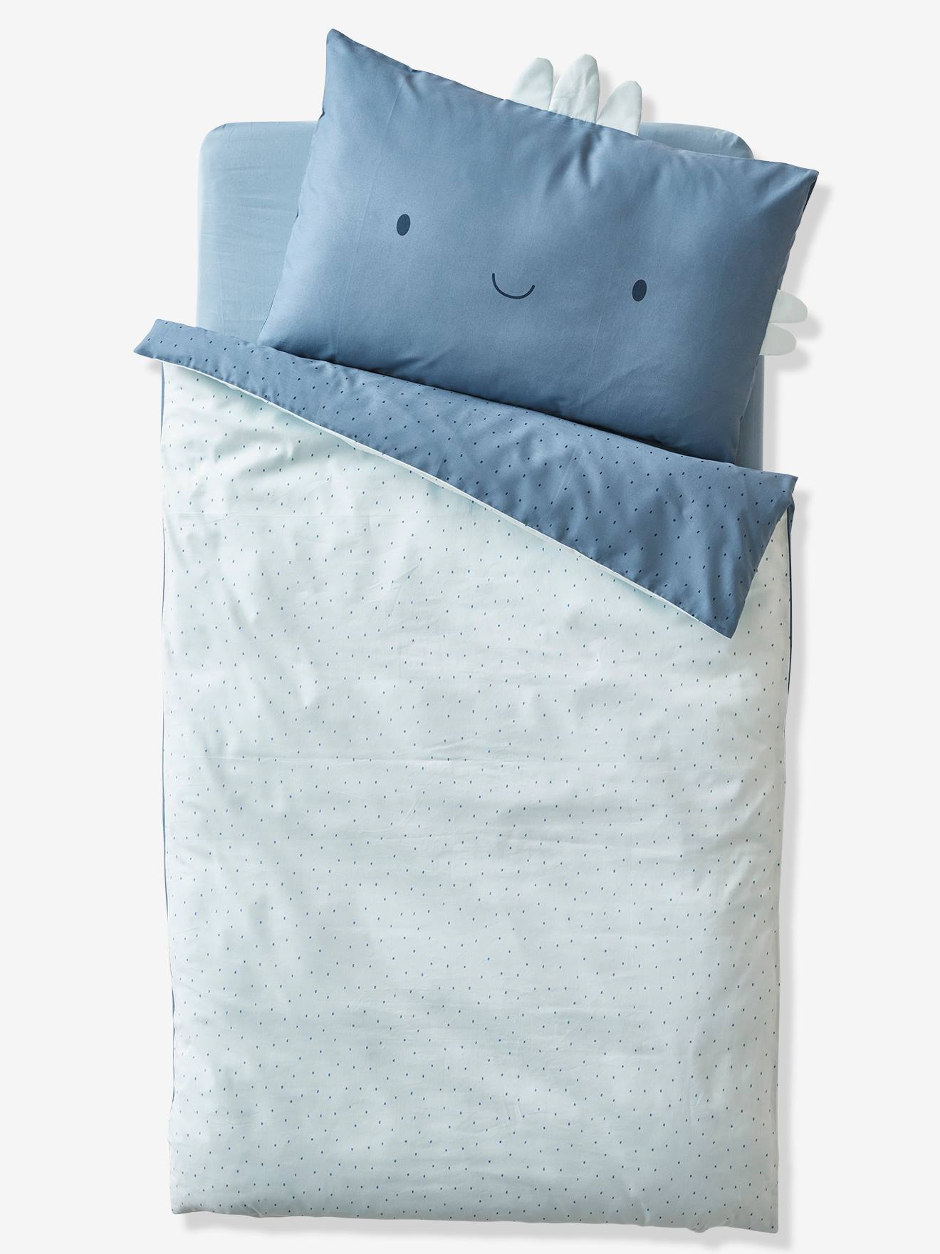 Capa de edredom reversível para bebê, estampa de dinossauro pequeno, tamanho médio, azul.