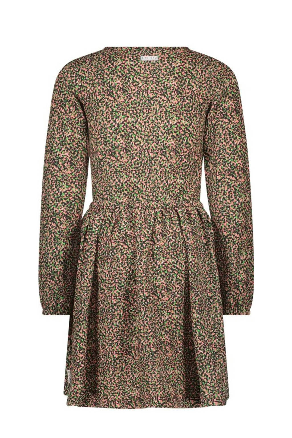B.Nosy jurk Doutzen met all over print en ruches groen/ecru/zalm