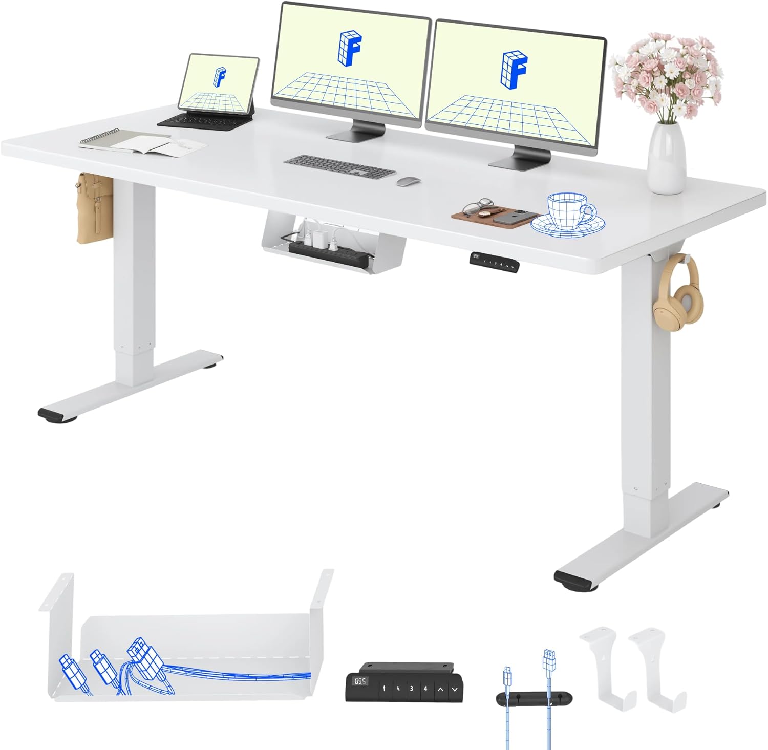 FLEXISPOT Höhenverstellbarer Schreibtisch mit 2 Motoren & 25MM einteiliger Tischplatte,ergonomischer Bürotisch - 180 x 80 cm Weiß, weißes Gestell
