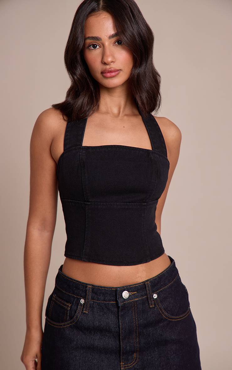 Noir Top Petite En Denim À Col Licou