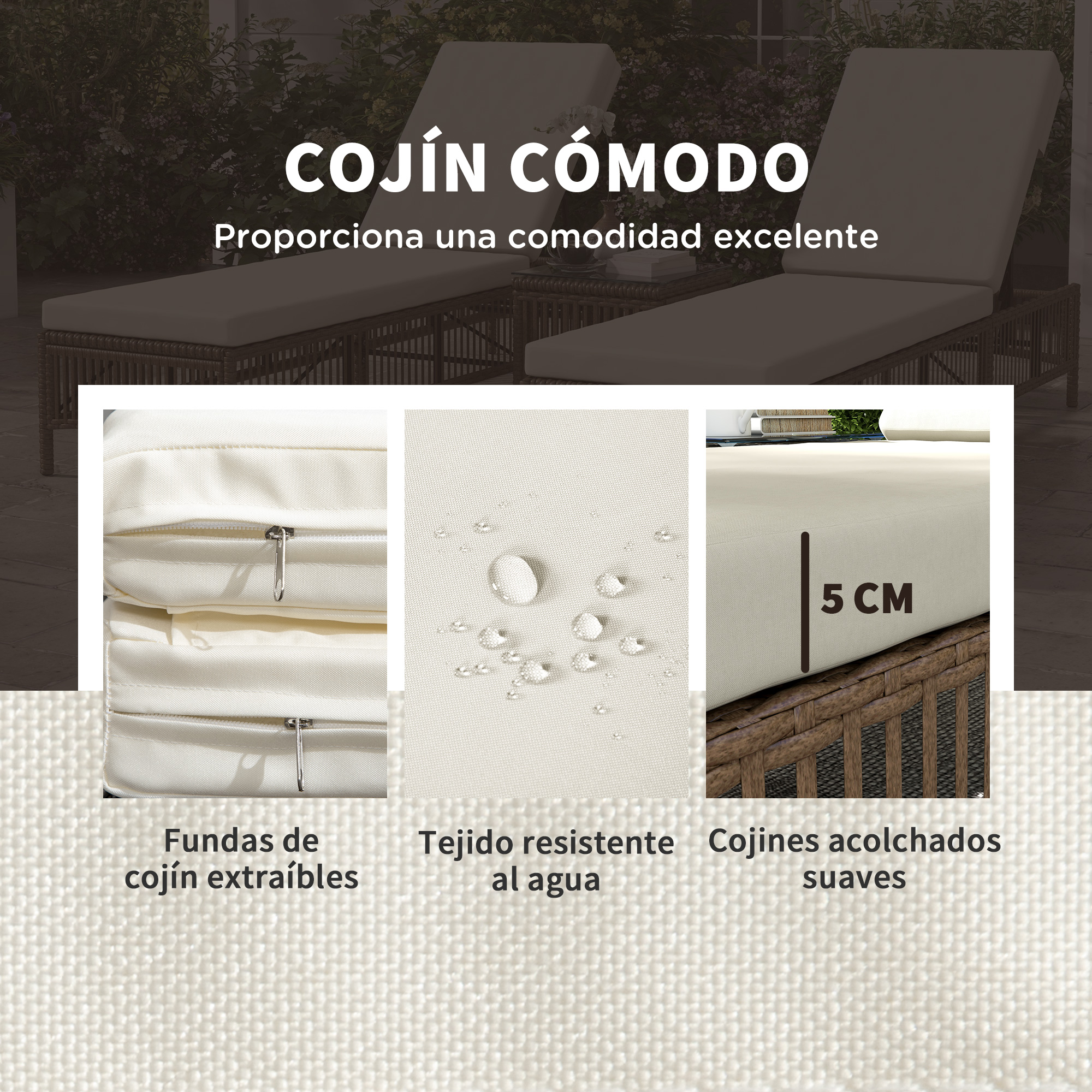 Conjunto Outsunny de 2 espreguiçadeiras de vime para jardim com mesa de centro, encosto ajustável em 5 níveis e almofadas, 196x54x32 cm, bege