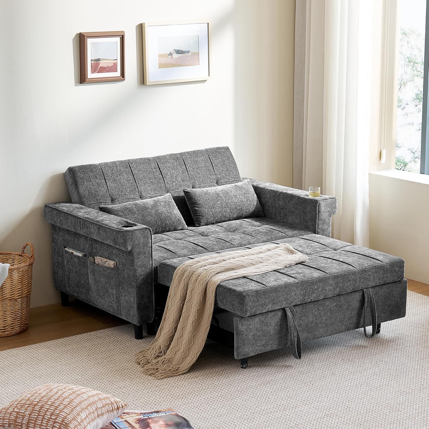 LINSY HOME 3-in-1 Schlafsofa, 2-Sitzer Sofa mit Schlaffunktion, Chenille Klappbares Schlafcouch mit Kissen, Seitentasche und Getränkehalter - Schlafbereich 120 x 190cm