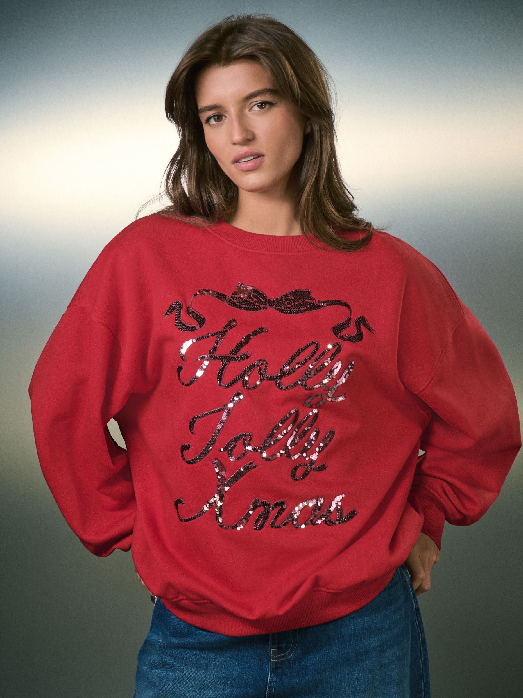Rood - Pailletten Holly Jolly Kerstmis Grafisch Sweatshirt met Lange Mouwen