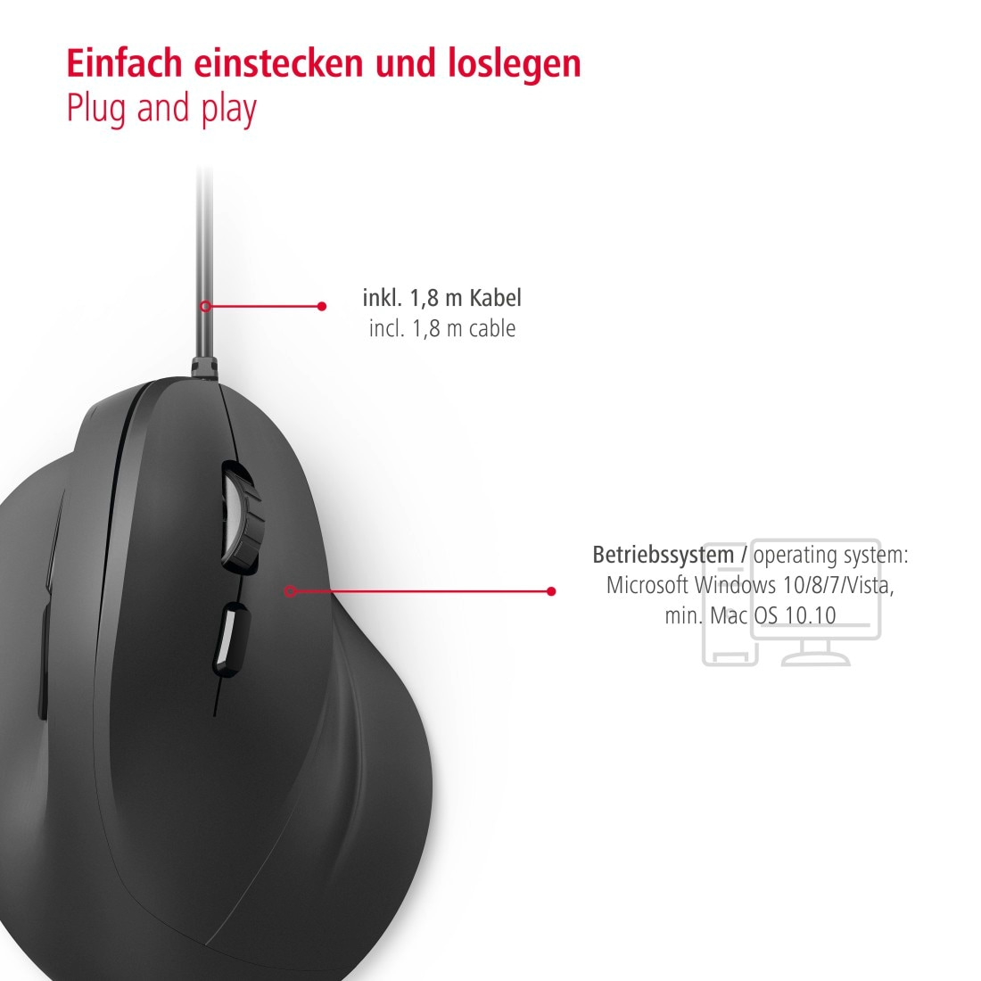 Hama ergonomische Maus »Ergonomische vertikale Maus für PC Laptop, mit Kabel, 1,8 m, Schwarz« USB | kabelgebunden Vorbeugung Tennisarm/Mausarm