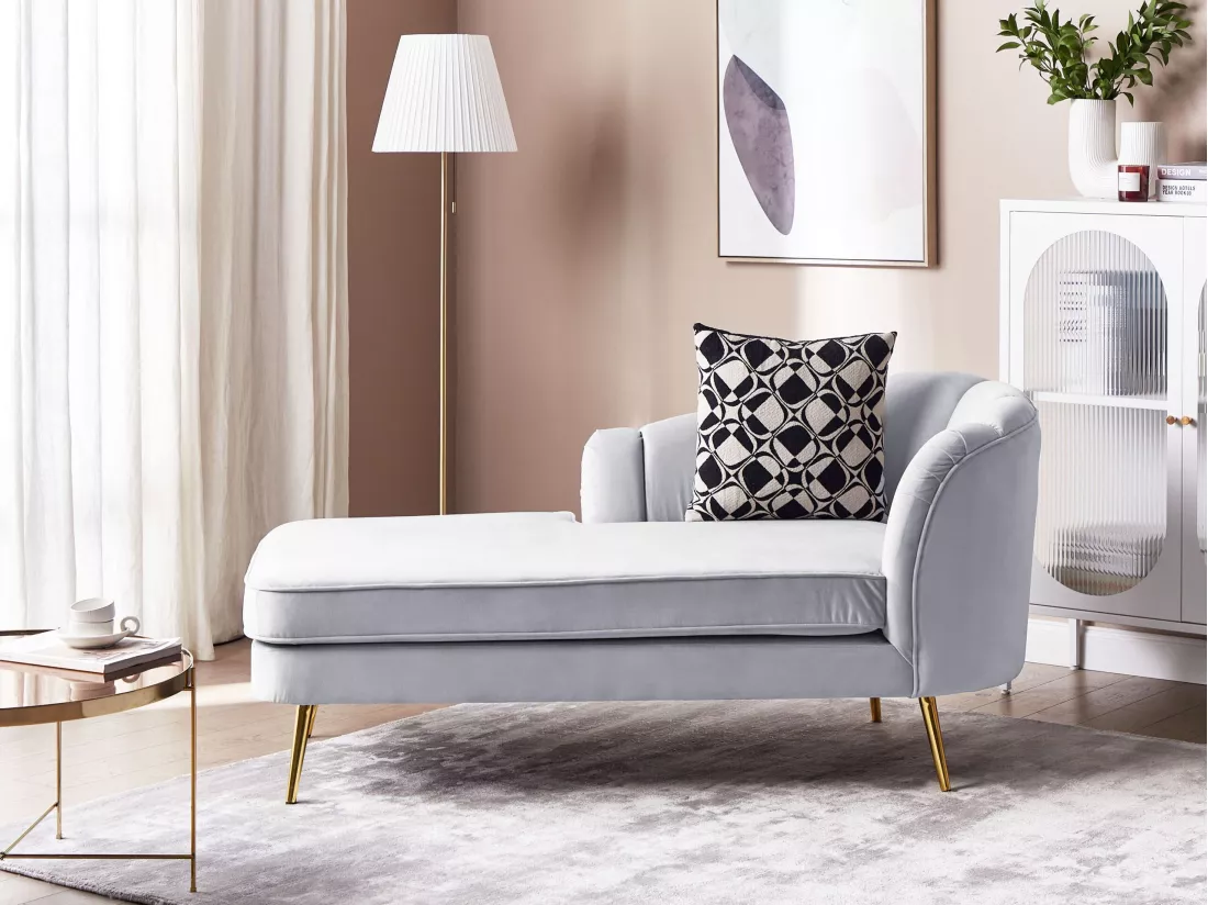Chaise longue côté droit en velours gris ALLIER