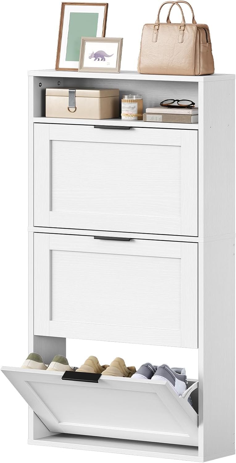 HOOBRO Schuhschrank mit 3 Klappen, schmales Schuhregal mit Stauraum, Schuhkipper mit verstellbaren Einlegeböden, für 6-9 Schuhe, für Wohnzimmer, Eingangsbereich, Flur, Balkon, Weiß EWT17SC01 JN3101850