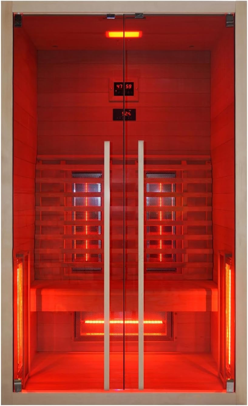 Sanotechnik Infrarotkabine RUBY 2 - für 2 Personen geeignet, inkl Vollspektrumstrahler - 120x100x195 cm - Wärmekabine mit MP3 Player & Bluetooth - LED Beleuchtung (7 Farben) - Infrarot-Sauna
