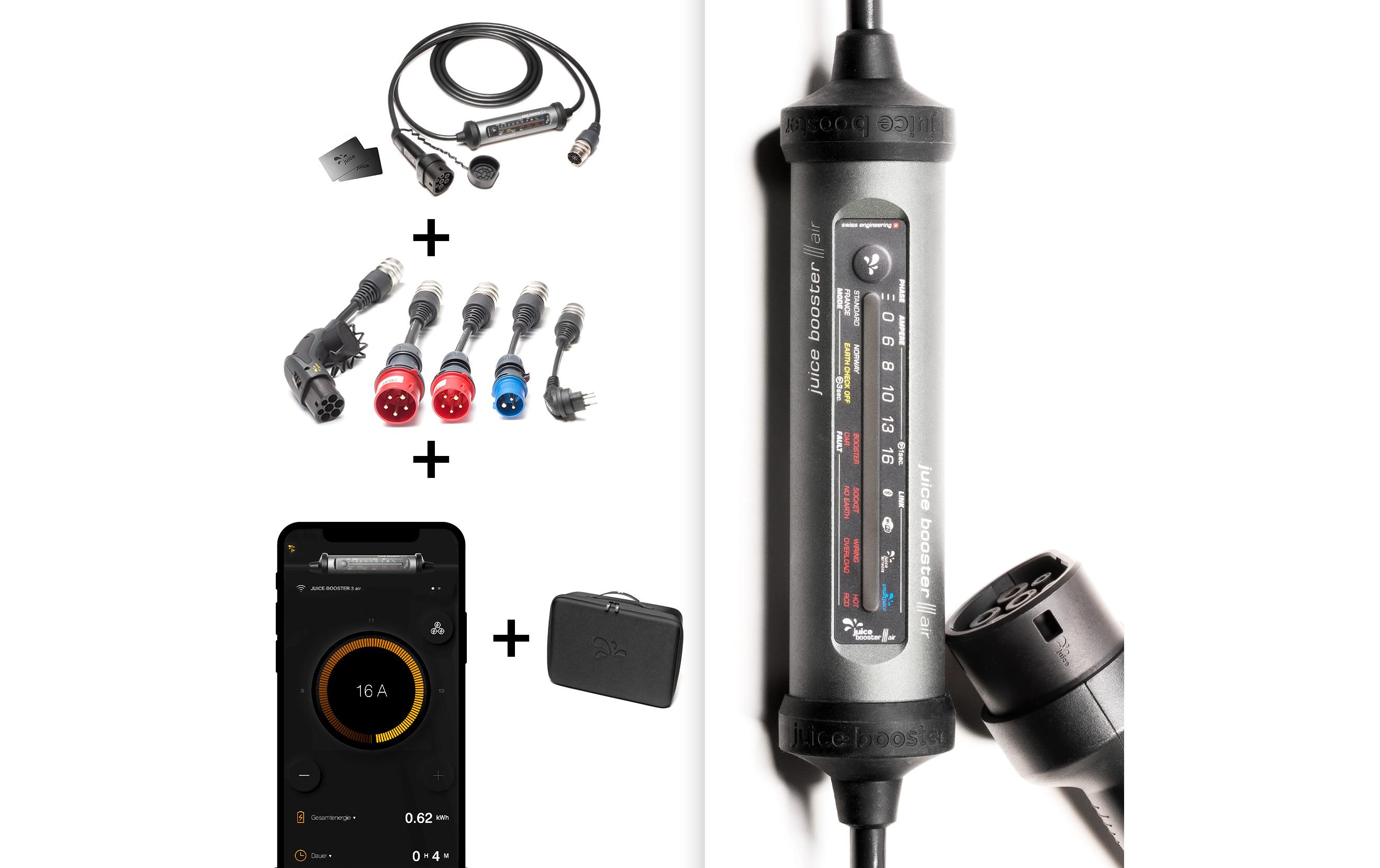Mobile Wallbox JUICE BOOSTER 3 air Swiss Traveller Set Plus<br>Die smarte 7-in-1-Ladelösung für Elektrofahrzeuge für zuhause oder unterwegs
