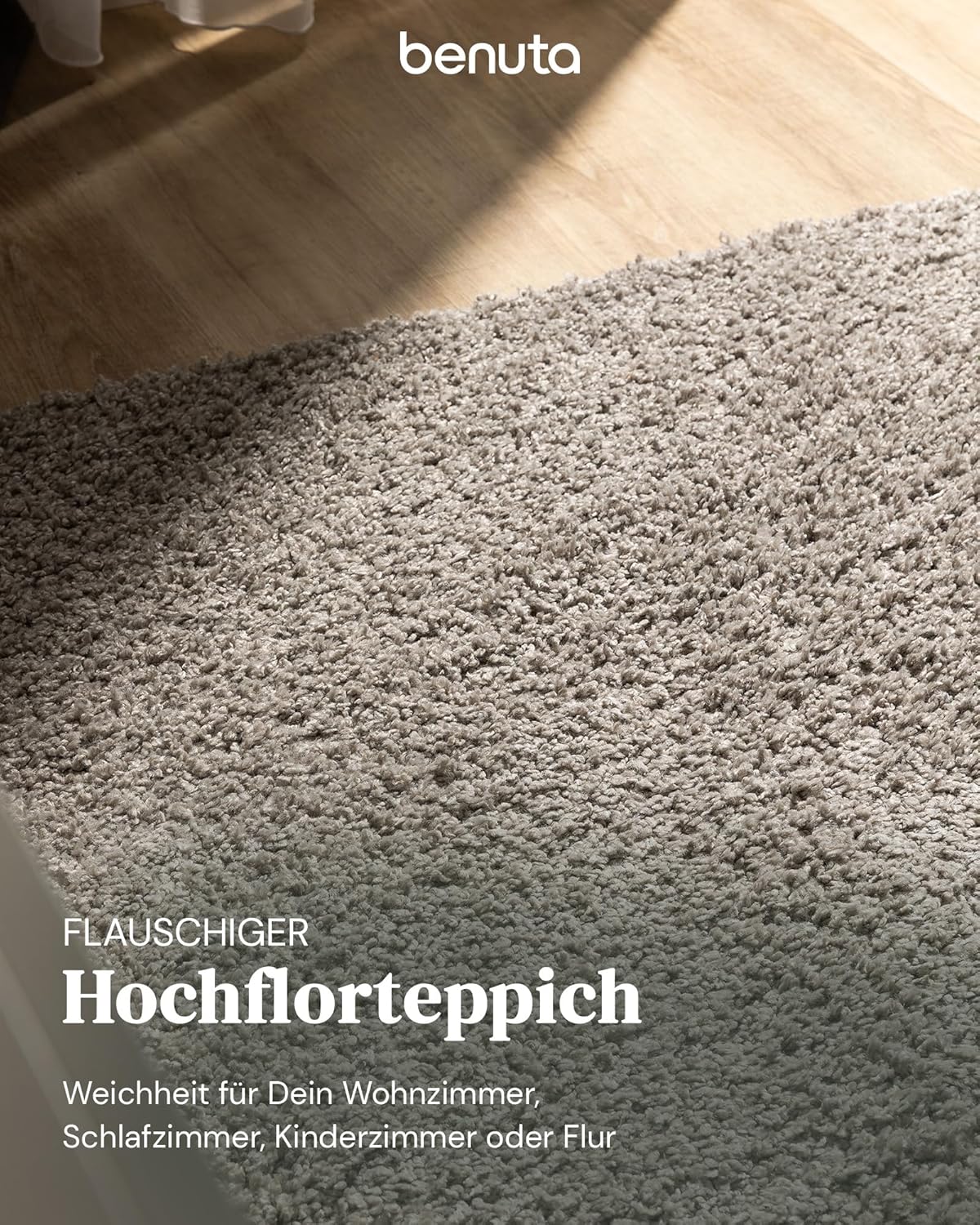 benuta Basic Hochflorteppich Teppich Wohnzimmer Sohari - Hellgrau 250x300 cm - Minimalistischer Look - Weich & Waschbar - Für Schlafzimmer, Flur oder Esszimmer - Geeignet für Fußbodenheizung