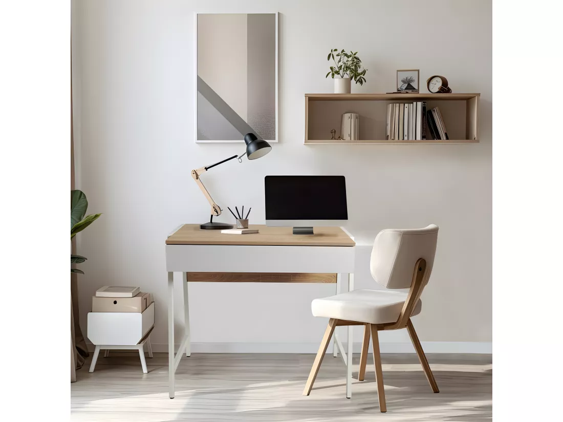 Bureau POLLUX 80 x 48 cm/ Décor Chêne blanchi et métal blanc