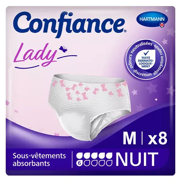 Calcinha noturna feminina Hartmann Confiance com 6 gotas de Aloe Vera, tamanho M, 8 unidades