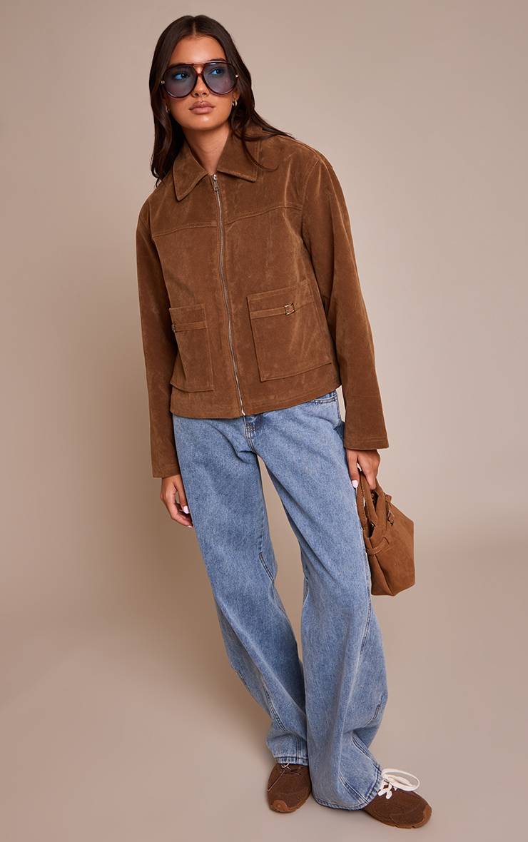 Marron Veste En Faux Suède Avec Poches À Détails