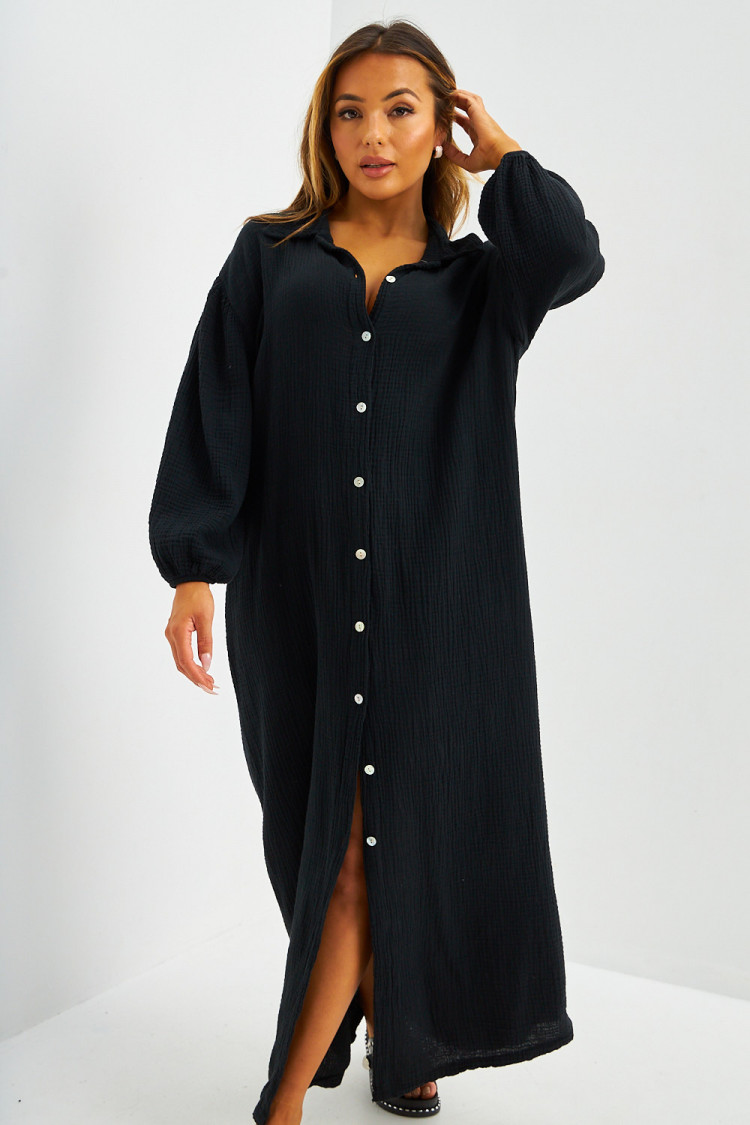 Robe chemise longue en coton texturé noir