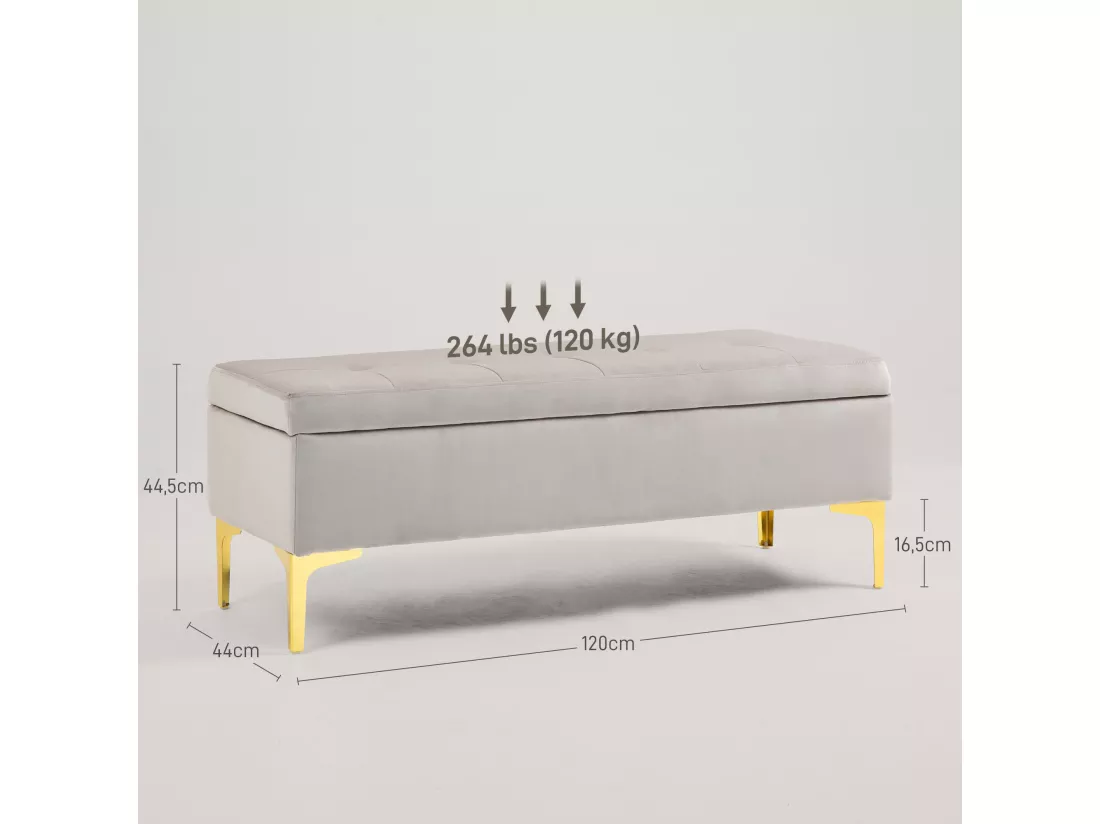 Banquette coffre de rangement 2 en 1 - assise effet capitonnée - métal doré aspect velours gris clair