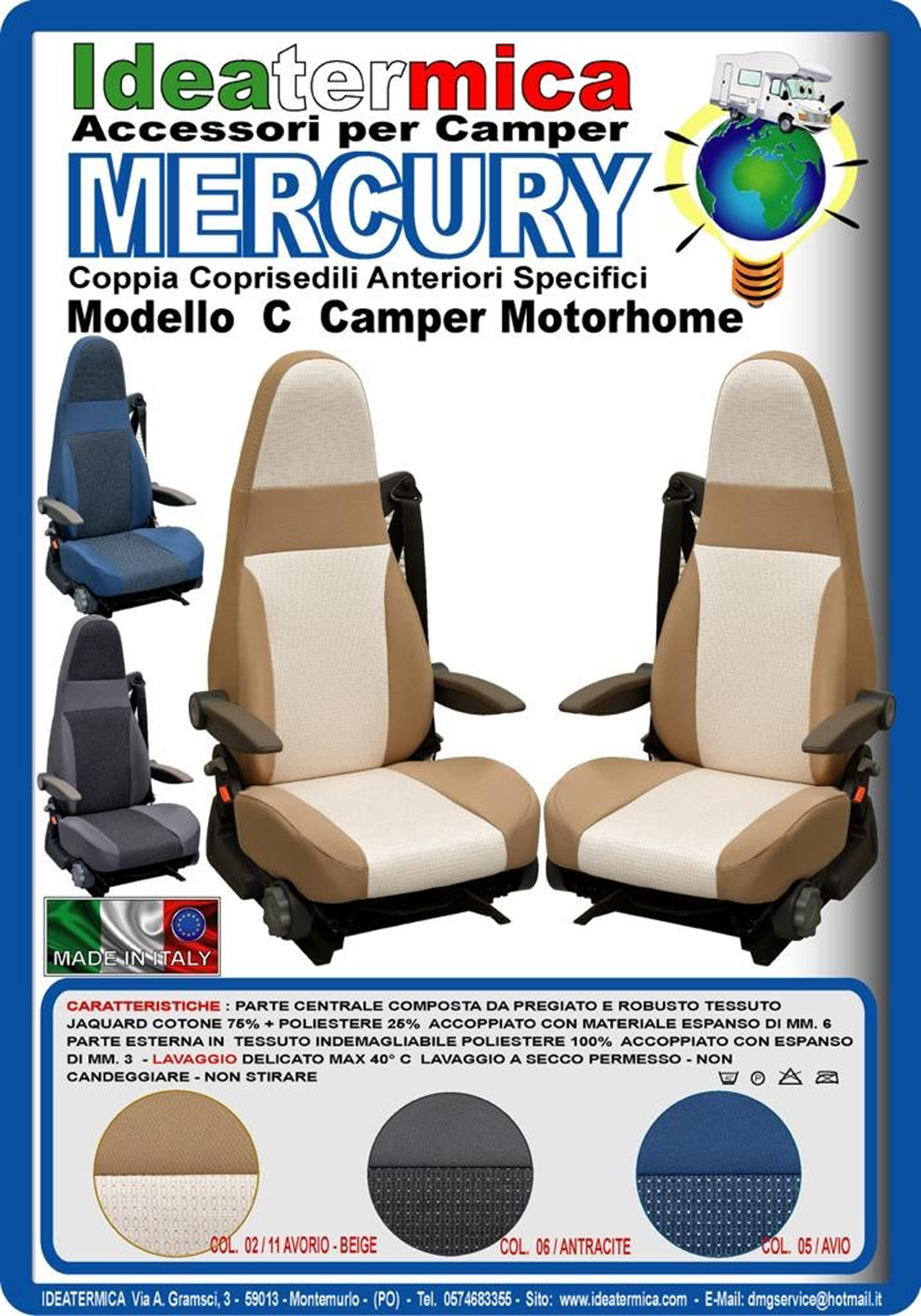Ideatermica Mercury C Sitzbezug mit integrierter Kopfstütze und Gurten 2 Stück blau