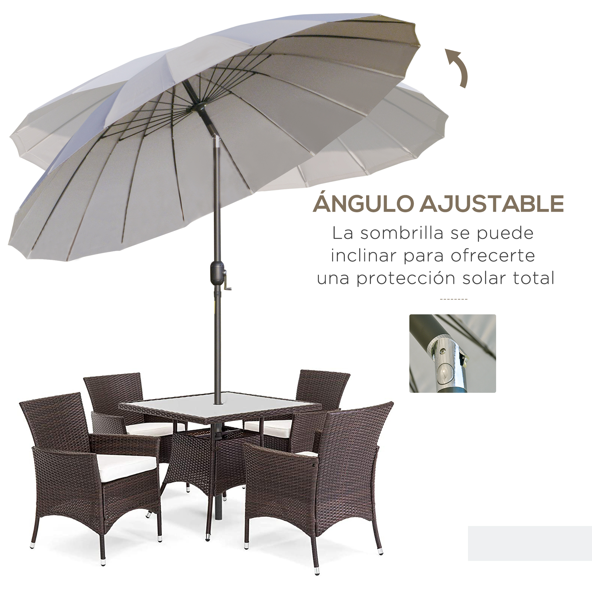 Guarda-sol de jardim Outsunny Ø250x240 cm com manivela, guarda-sol externo com mecanismo de inclinação e mastro de metal removível para terraço, piscina e pátio, cinza claro.