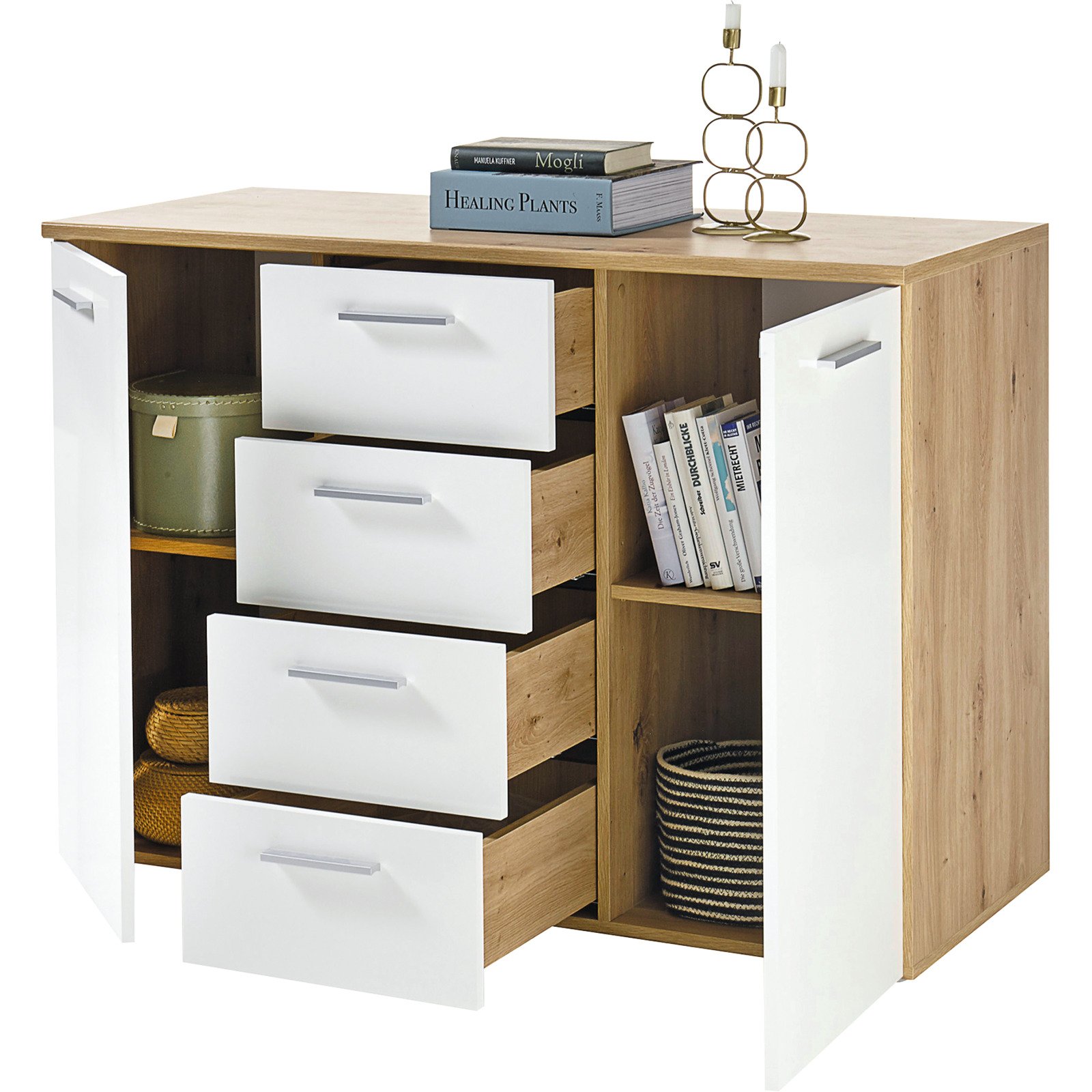Kommode Paul Eiche Artisan Hochglanz weiss 120 x 85 x 50 cm