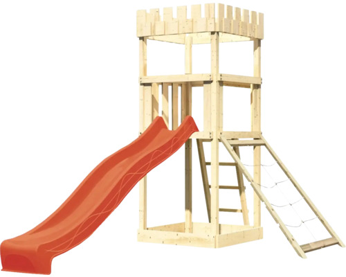 Speeltoren/speelhuis Karibu Leeuwenhart, 107 x 107 cm, van hout, bestaande uit glijbaan en nethelling (rood).