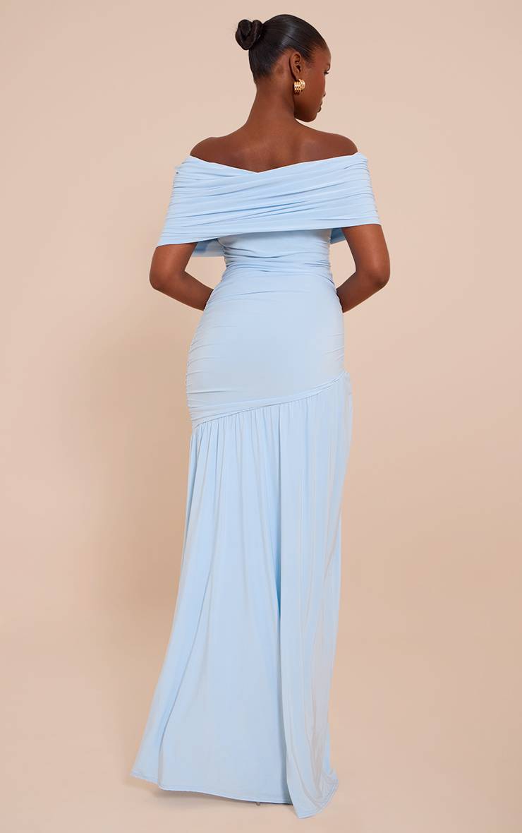 Bleu Robe Longue Froncée À Double Couche Slinky Bardot Asymétrique