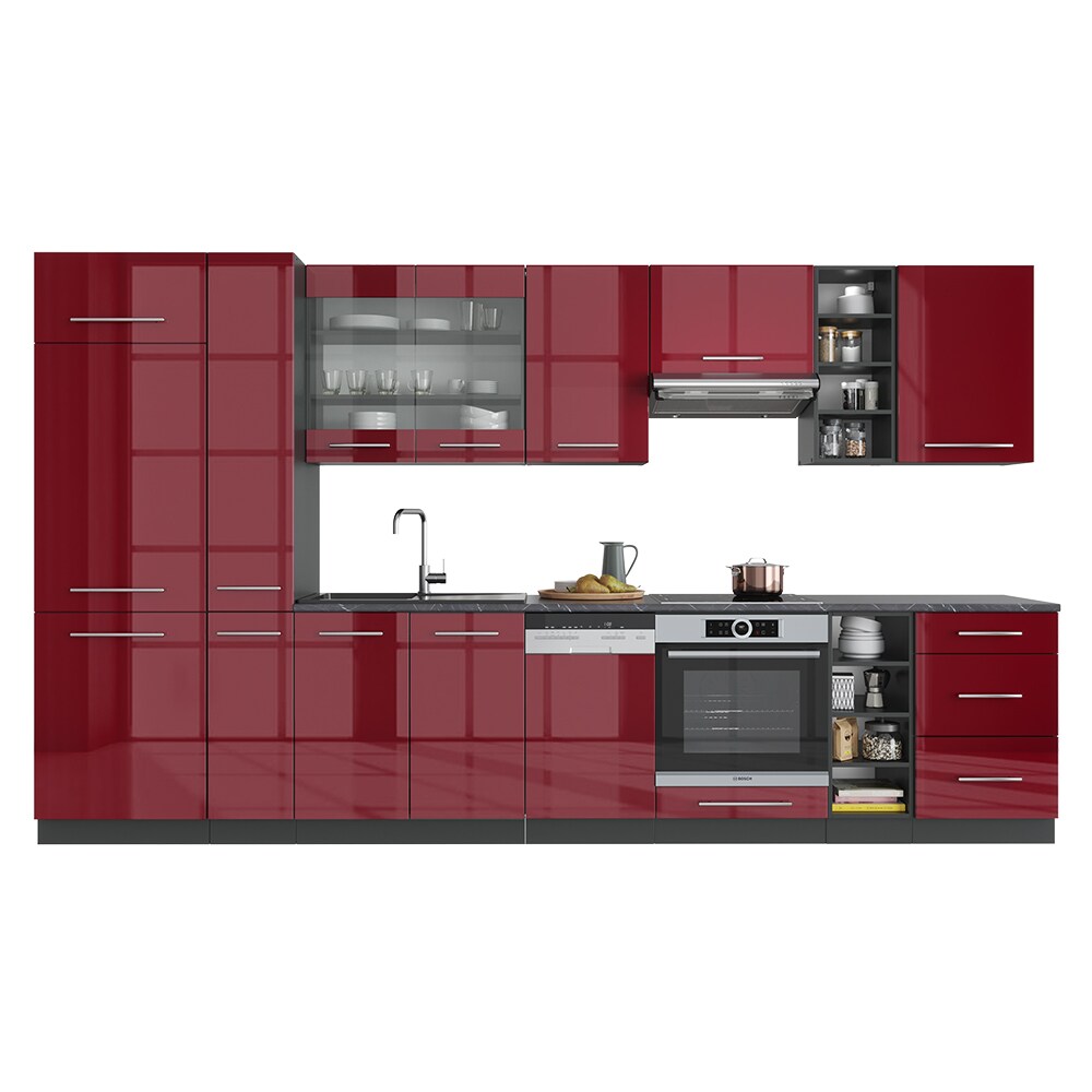 Vicco Küchenzeile Küchenblock Einbauküche 355cm Fame-Line Bordeaux Hochglanz